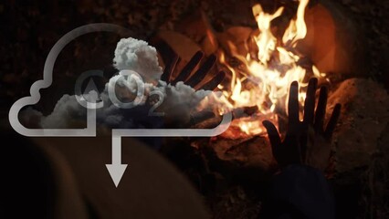 The concept of the dilemma of implementing life activities and protecting nature. Digital cloud with a formula of carbon dioxide against the background of a man warming his hands by the fire. Cg