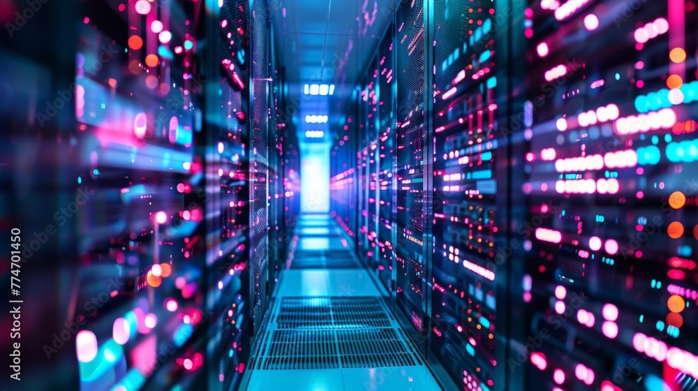Poster ai technology data center with illuminated servers
