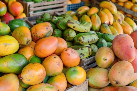 Exotic fruit market stall colorful arrays of mango