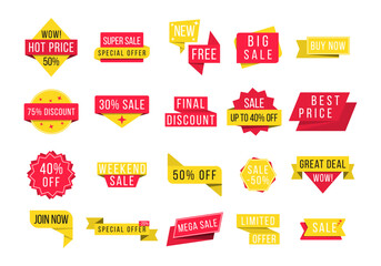 Set of promotional badges and sale tags, modern design for website and advertising. Big sale, new offer and best price, discount for promotional event banners.