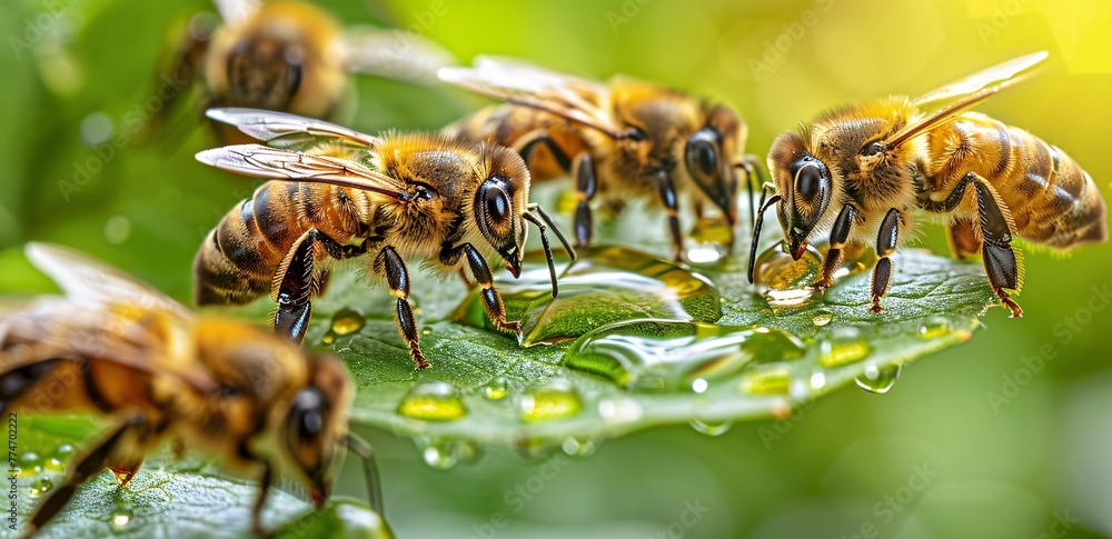 Poster honeybees drinking from a leaf in may generative ai