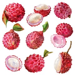 Clipart of a collection of lychees watercolor peel partially removed to show the flesh inside