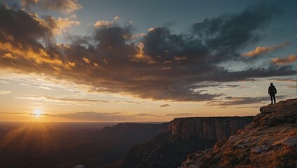 Man standing on top of cliff at sunset