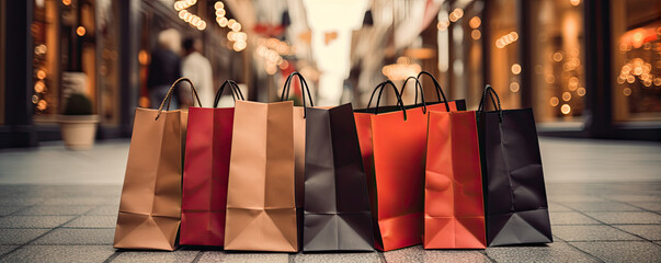 Fototapeta na wymiar Coloured shopping bags in row. panorama picture.