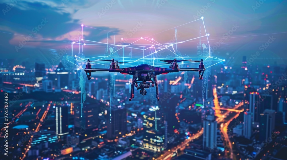Poster autonomous drone in flight over a cityscape at twilight