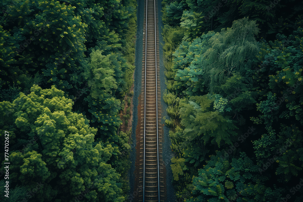 Poster top view of a railroad in the forest. background image. created with generative ai technology.