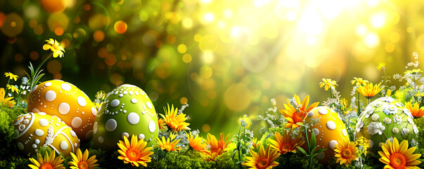 Festive background for Easter Day. Spring landscape and Easter eggs.