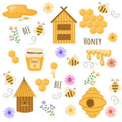 Honey set. Beekeeping. Cartoon apiary. Illustration of beehive, bees, honey, flowers