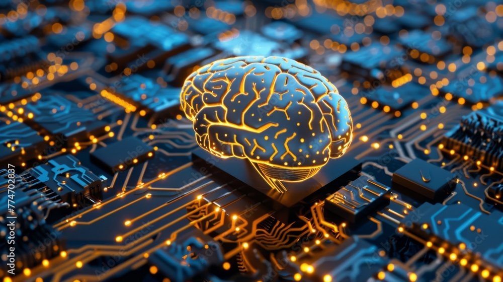 Poster glowing brain on circuit board