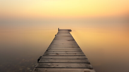 Serene Sunrise Over Wooden Pier. A tranquil wooden pier extends into calm waters under a soft sunrise glow. - obrazy, fototapety, plakaty