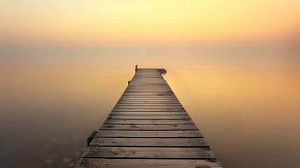 Fotobehang Serene Sunrise Over Wooden Pier. A tranquil wooden pier extends into calm waters under a soft sunrise glow. © GustavsMD