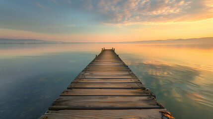 Dawn Breaks on a Serene Lake Pier. The serene break of dawn over a placid lake, with a wooden pier leading the eye towards the horizon under a softly lit sky - Powered by Adobe