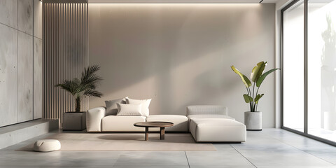 Modern minimalist interior with arch concrete floor sofa coffe table and decor.