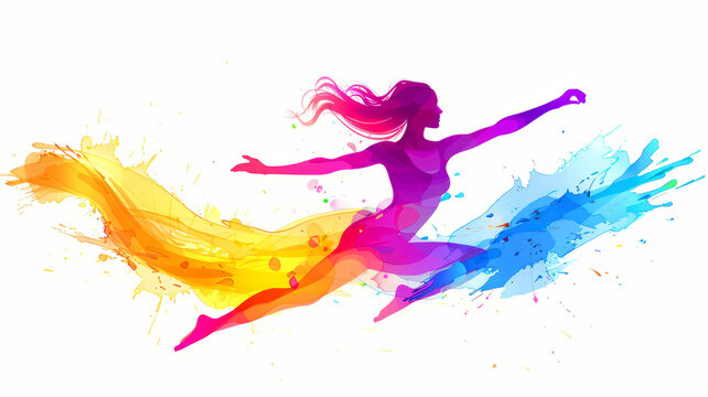 A woman is jumping in the air with her arms outstretched. The image is colorful and vibrant, with a sense of freedom and energy. Creative, colorful silhouette of a gymnastic girl. Art gymnastics