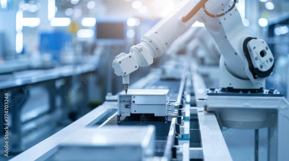 Poster robotic arm operating conveyor belt in factory