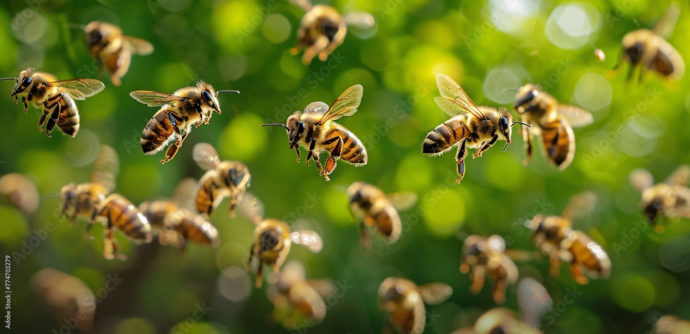 Poster bee-autiful blur a hive of honeybees in focus generative ai