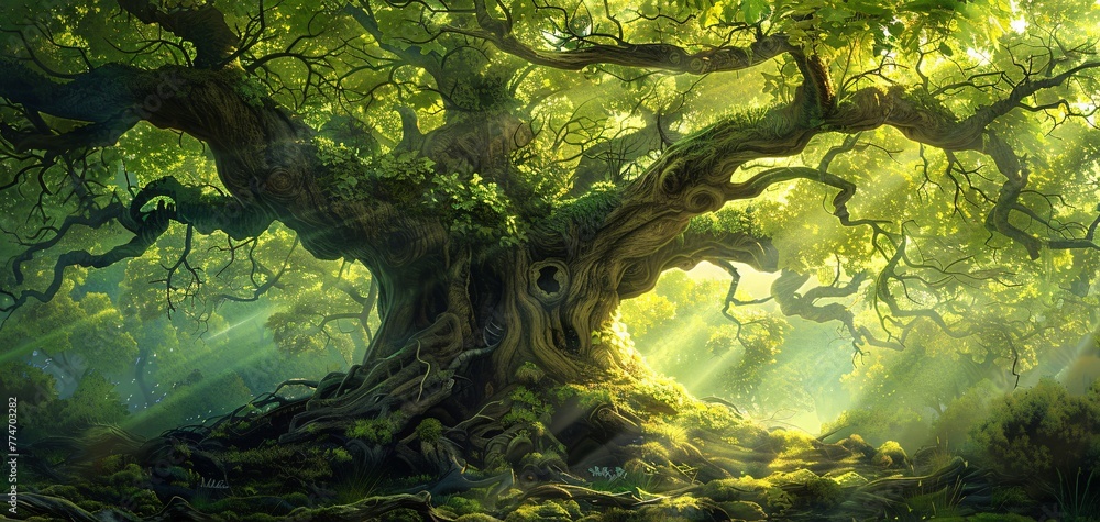 Poster a serene forest scene with a large tree and sunlight filtering through the leaves, evoking a sense o