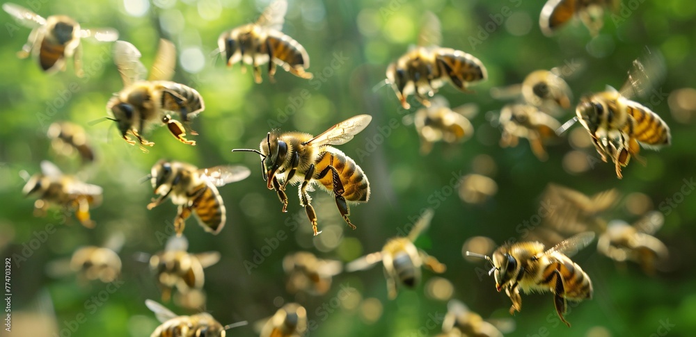 Poster bee-autiful blur a hive of honeybees in focus generative ai