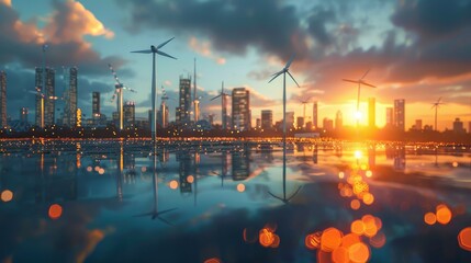 A city skyline with a large number of wind turbines. The sun is setting, casting a warm glow over the city. Concept of progress and sustainability, as the city is powered by renewable energy sources - obrazy, fototapety, plakaty
