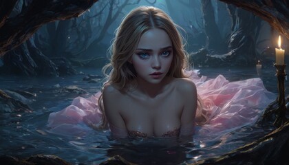 Amidst the dark waters of a haunting forest, a woman bathed in candlelight exudes a vulnerable yet captivating presence.. AI Generation