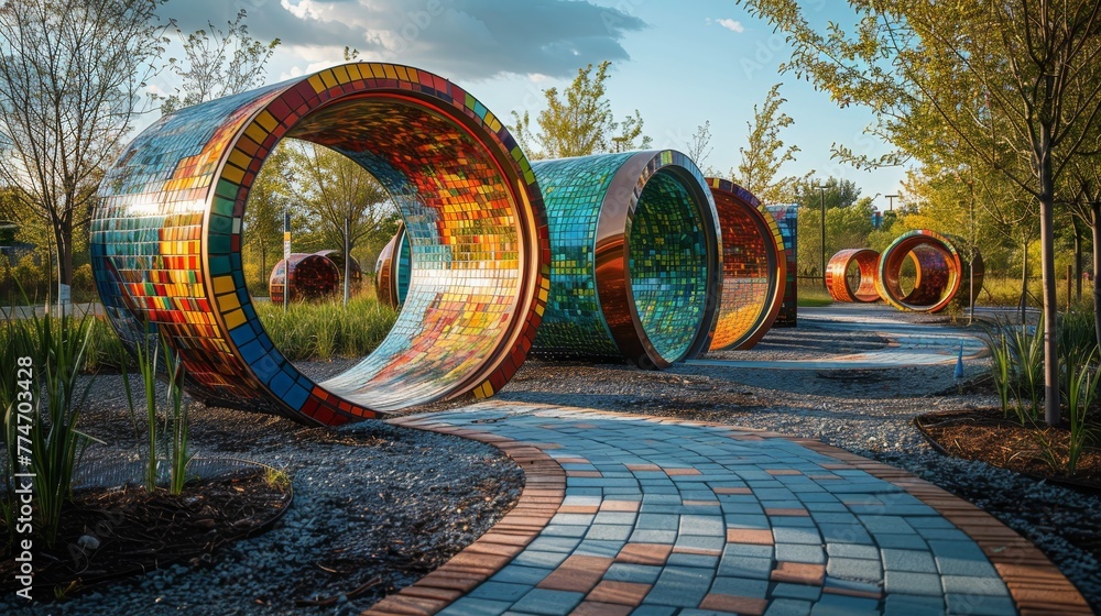 Aufkleber a walkway with a series of colorful, curved sculptures. the sculptures are made of glass and are arr