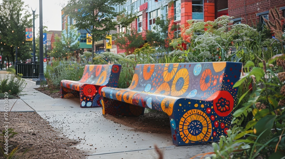 Poster a colorful bench with a flower pattern sits in front of a building. the bench is surrounded by plant