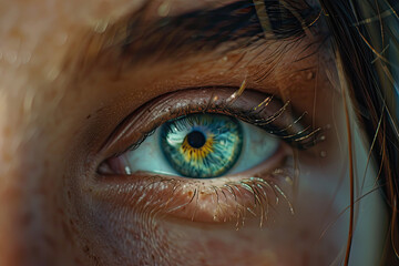 Close up of a beautiful woman's eye with a colorful iris - Generative AI