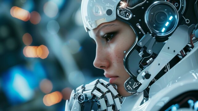 Woman in Futuristic Suit With Robotic Head