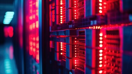 Obraz premium Shot of Data Center With Multiple Rows of Fully Operational Server Racks. Modern Telecommunications, Artificial Intelligence, Supercomputer