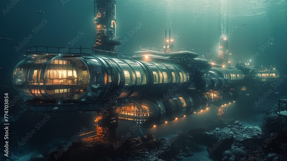 Poster a futuristic space station is floating in the ocean. the station is illuminated with lights, giving 