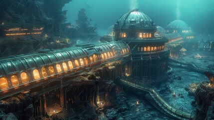 A futuristic city with a large dome building in the center. The city is underwater and has a dark, mysterious atmosphere