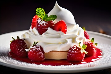 A dessert with a dollop of whipped cream and fresh strawberries on top.