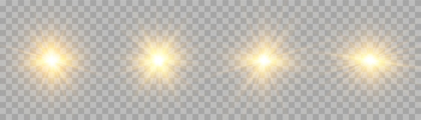 Vector transparent sunlight set, special flash light effect. Glow light effect, bright sun or spotlight beams. Light png. Decor element isolated on transparent background