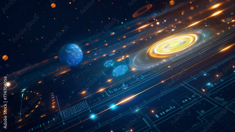 Poster an interactive map animation showcasing planets and stars in a mesmerizing space setting.