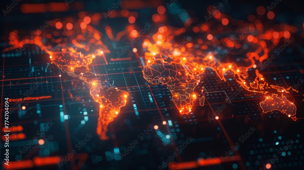Poster a computer screen shows a map of the world with many glowing dots. the map is orange and blue, and t