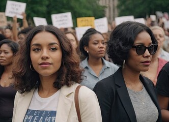 Fototapeta premium A multinational girl on a street strike for women's empowerment. Portrait of a mixed-race girl in response to a protest for equality, looking at the camera.