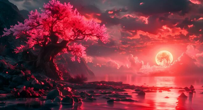 a moon shaped tree with a pink blossom, in the style of nightcore, layered and atmospheric landscapes, animated gifs, calm waters, oriental, vibrant stage backdrops, calming