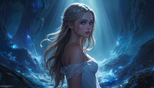 A siren bathed in moonlight within a luminous cavern, her gaze revealing the serene mysteries of the deep.. AI Generation