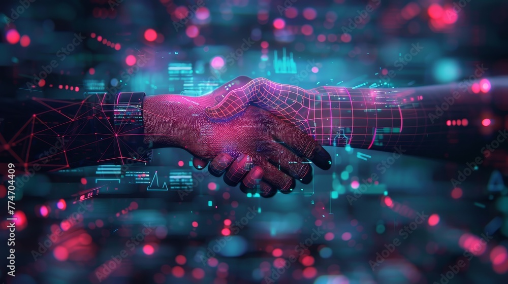 Poster a handshake between two people is shown in a digital image. the image is a representation of the ide