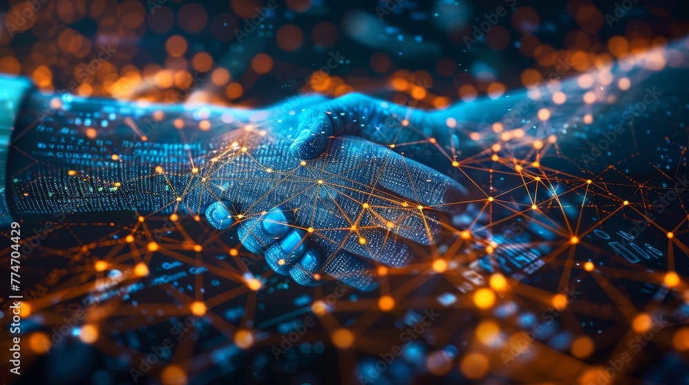 Poster a hand is shaking another hand in a digital image. the image is a representation of a handshake in a