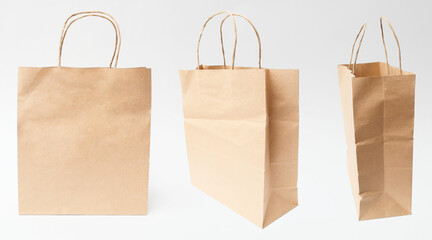 Set of Brown paper bags isolated on white background. Brown Paper Shopping Bag on White.