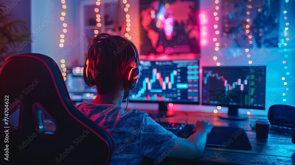 Poster a man is sitting in front of a computer with two monitors and a keyboard. he is wearing headphones a