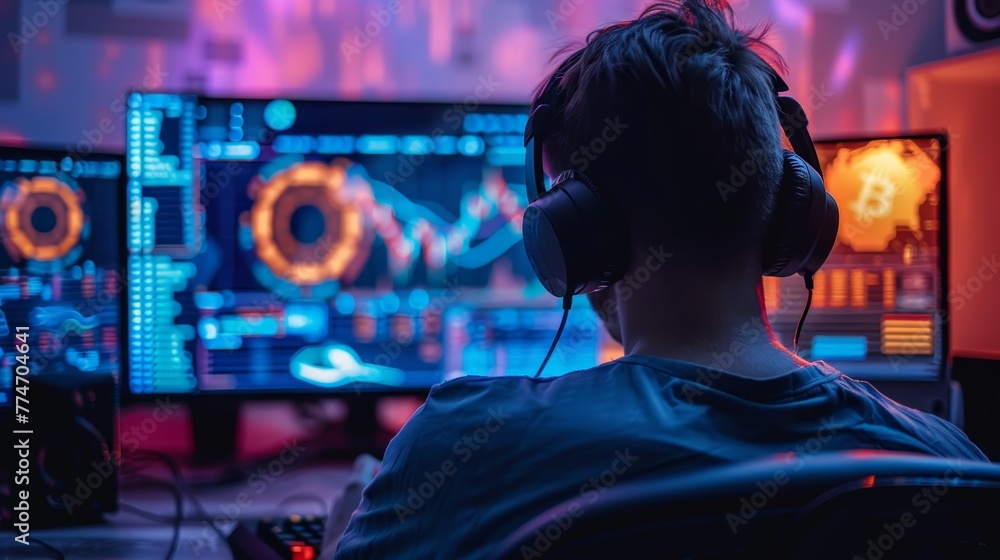 Poster a man is sitting in front of a computer monitor with a headset on. he is wearing a shirt with a bitc