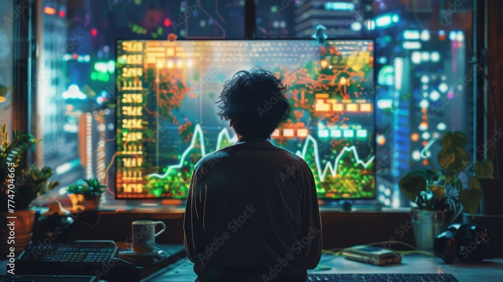 Poster a man is sitting in front of a computer monitor with a green plant in the background. the monitor di