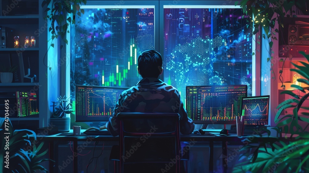 Poster a man is sitting at a desk with two computer monitors in front of him. he is focused on the screens,