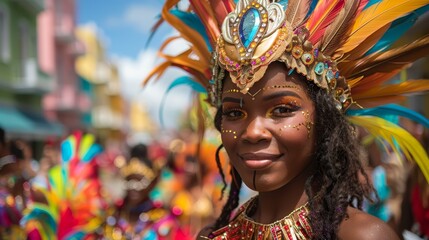 Fototapeta premium A woman wearing a colorful costume and a headdress is smiling. Concept of joy and celebration, as the woman is participating in a parade or a festive event. The vibrant colors of her outfit