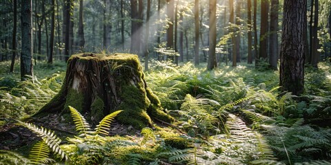 Freshly Cut Tree Stump in a Sunny Forest Generative AI - obrazy, fototapety, plakaty