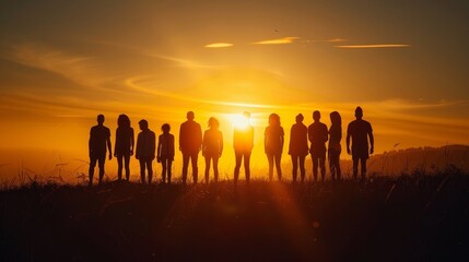 A group of people are standing on a hillside, silhouetted against the sun. Concept of unity and togetherness, as the group of people are all facing the same direction