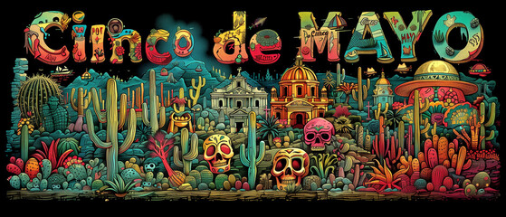 Illustration in honor of the Mexican holiday Cinco de Mayo: chili, sugar skull, taco and others. Illustrations for posters, banners, prints in honor of Mexican holidays