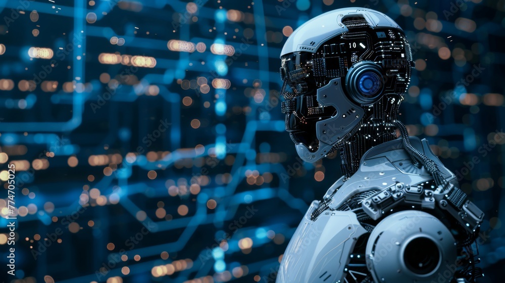 Poster advanced humanoid robot against a futuristic digital backdrop